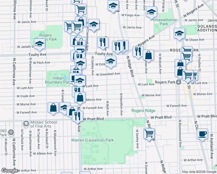 map of restaurants, bars, coffee shops, grocery stores, and more near 2134 West Lunt Avenue in Chicago