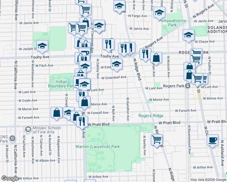 map of restaurants, bars, coffee shops, grocery stores, and more near 2134 West Lunt Avenue in Chicago