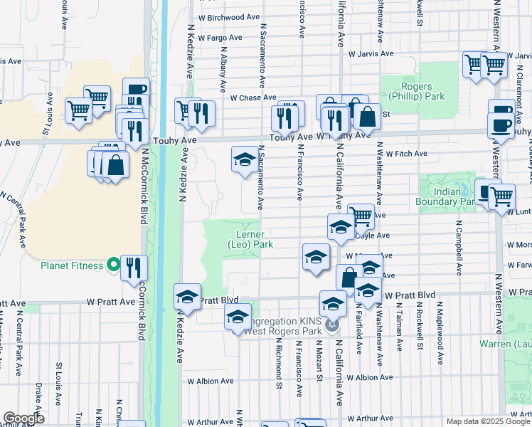 map of restaurants, bars, coffee shops, grocery stores, and more near 2933 West Greenleaf Avenue in Chicago