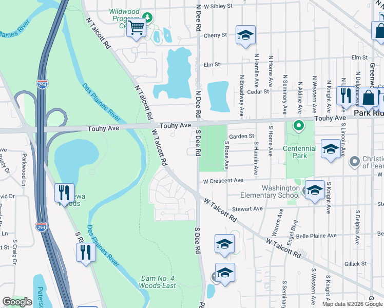 map of restaurants, bars, coffee shops, grocery stores, and more near 70B South Dee Road in Park Ridge
