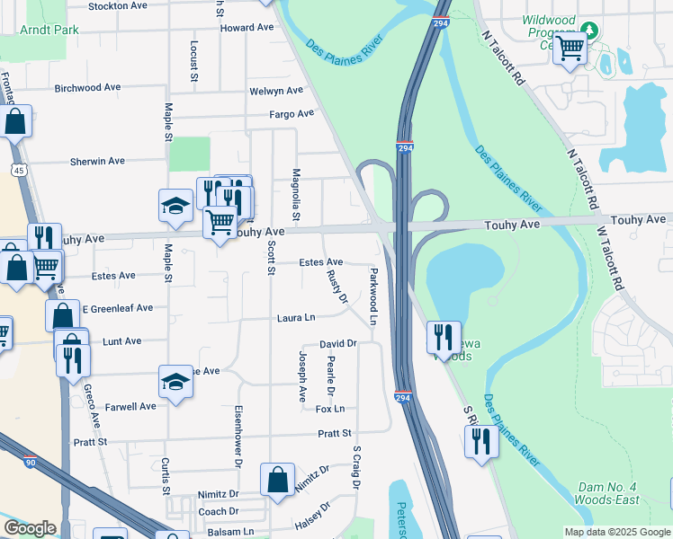 map of restaurants, bars, coffee shops, grocery stores, and more near 2130 Estes Avenue in Des Plaines