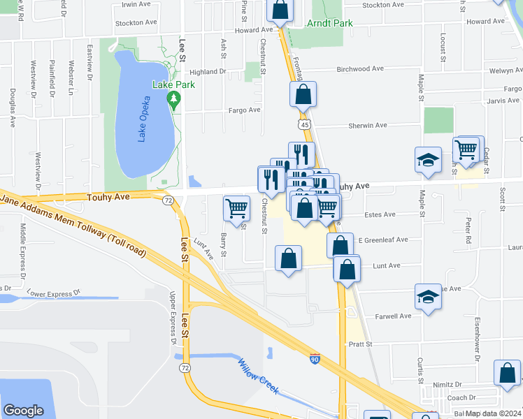 map of restaurants, bars, coffee shops, grocery stores, and more near 10431 East Touhy Avenue in Rosemont