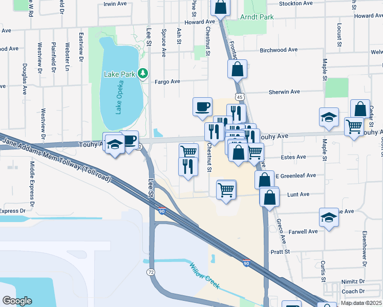 map of restaurants, bars, coffee shops, grocery stores, and more near 10544 East Touhy Avenue in Rosemont