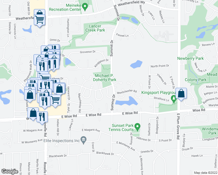 map of restaurants, bars, coffee shops, grocery stores, and more near 1009 East Hartford Drive in Schaumburg