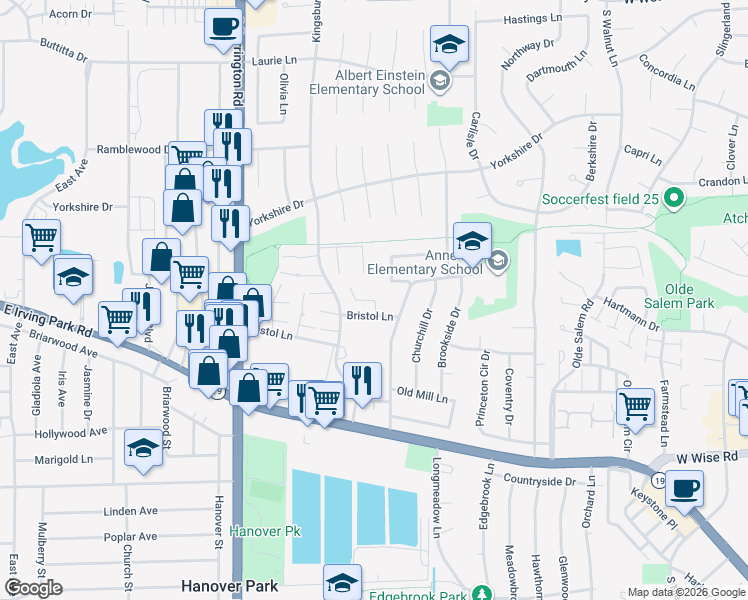 map of restaurants, bars, coffee shops, grocery stores, and more near 7642 Windsor Lane in Hanover Park
