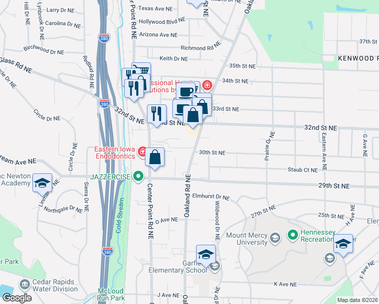 map of restaurants, bars, coffee shops, grocery stores, and more near 3019-3025 Oakland Road Northeast in Cedar Rapids