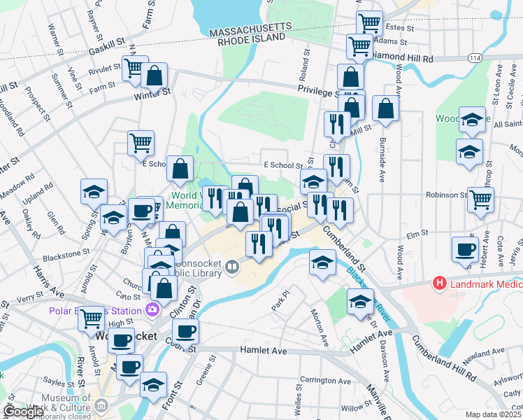 map of restaurants, bars, coffee shops, grocery stores, and more near 380 Social Street in Woonsocket