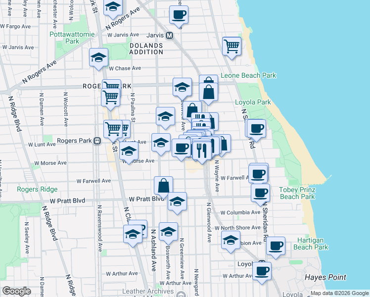 map of restaurants, bars, coffee shops, grocery stores, and more near 1439 West Lunt Avenue in Chicago