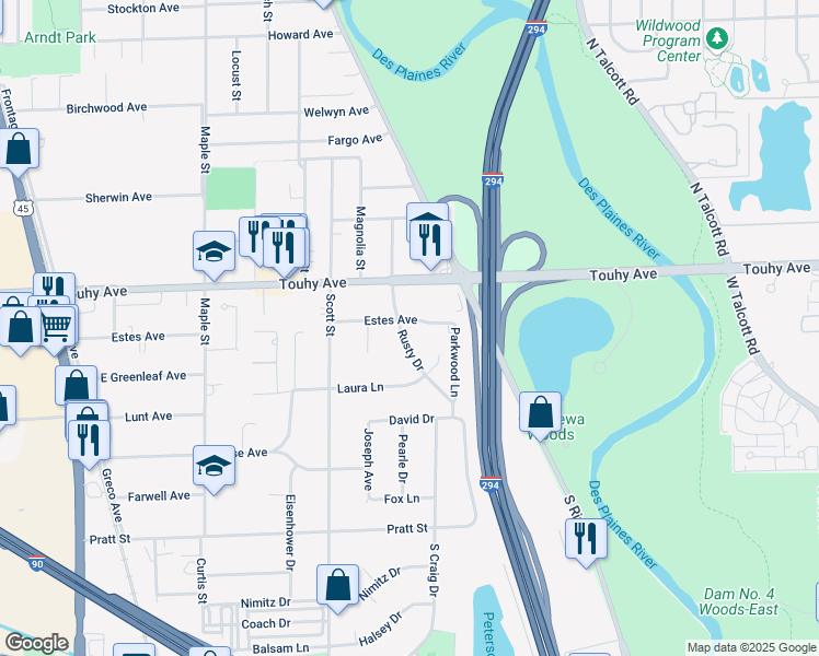 map of restaurants, bars, coffee shops, grocery stores, and more near 2130 Estes Avenue in Des Plaines