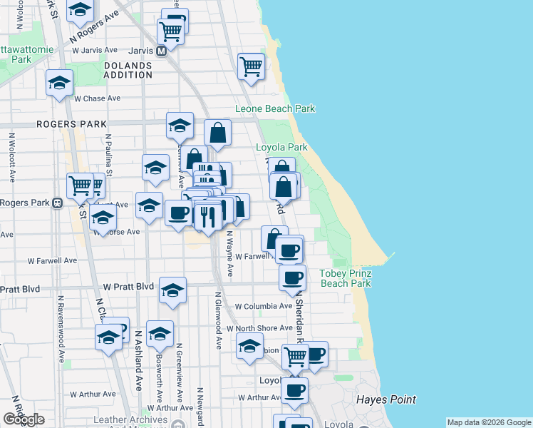 map of restaurants, bars, coffee shops, grocery stores, and more near 1215 West Lunt Avenue in Chicago