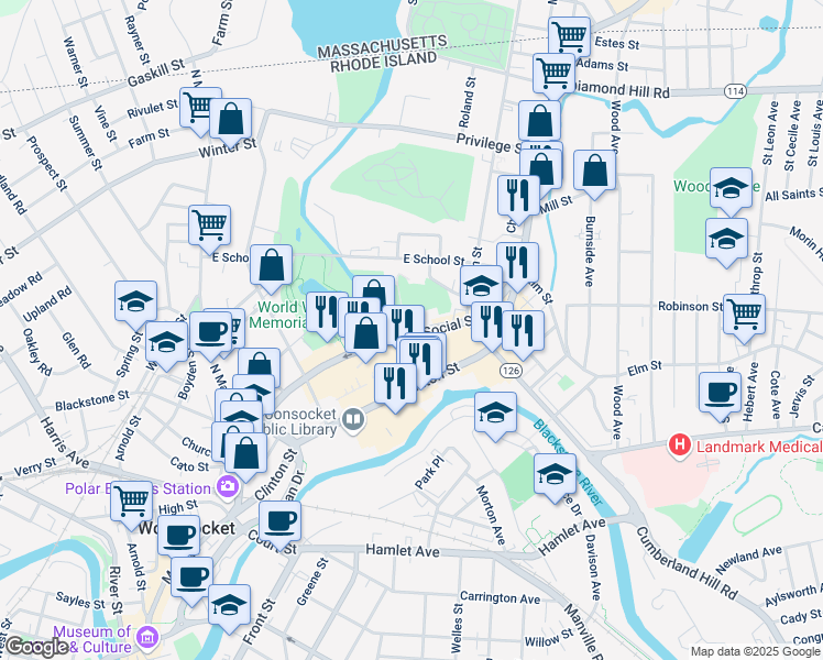 map of restaurants, bars, coffee shops, grocery stores, and more near 380 Social Street in Woonsocket