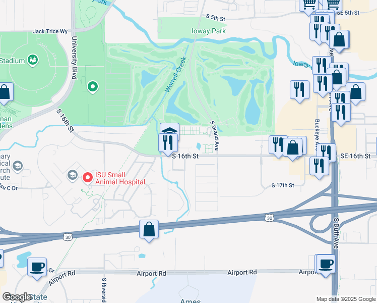 map of restaurants, bars, coffee shops, grocery stores, and more near 917 South 16th Street in Ames