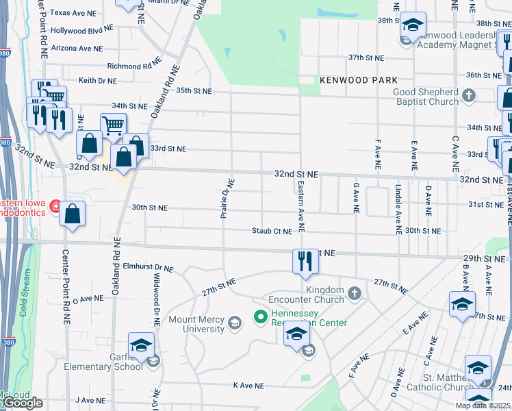 map of restaurants, bars, coffee shops, grocery stores, and more near 1125 31st Street Northeast in Cedar Rapids