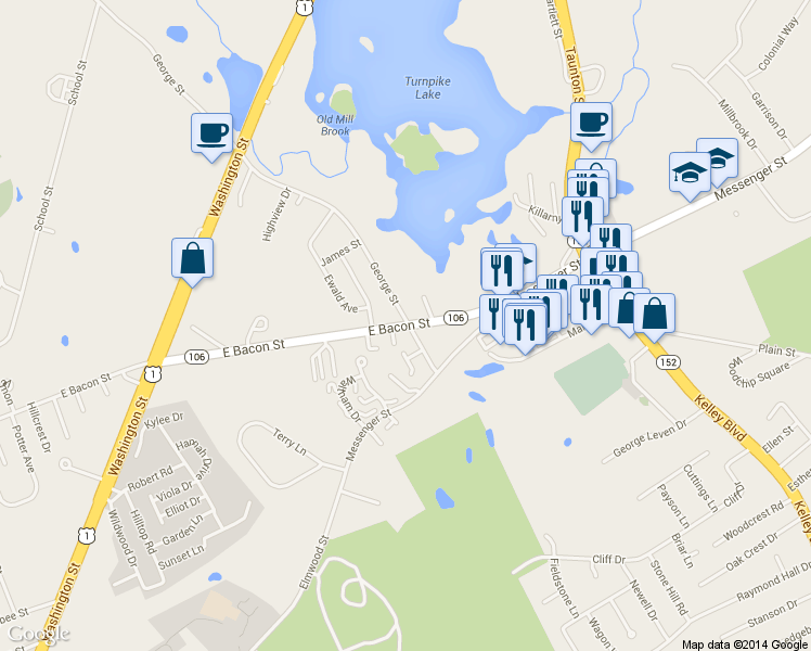 map of restaurants, bars, coffee shops, grocery stores, and more near 169 East Bacon Street in Plainville