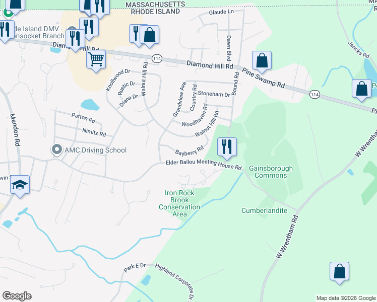 map of restaurants, bars, coffee shops, grocery stores, and more near 146 Bayberry Road in Woonsocket