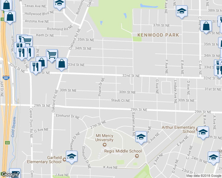 map of restaurants, bars, coffee shops, grocery stores, and more near 1118 30th Street Northeast in Cedar Rapids