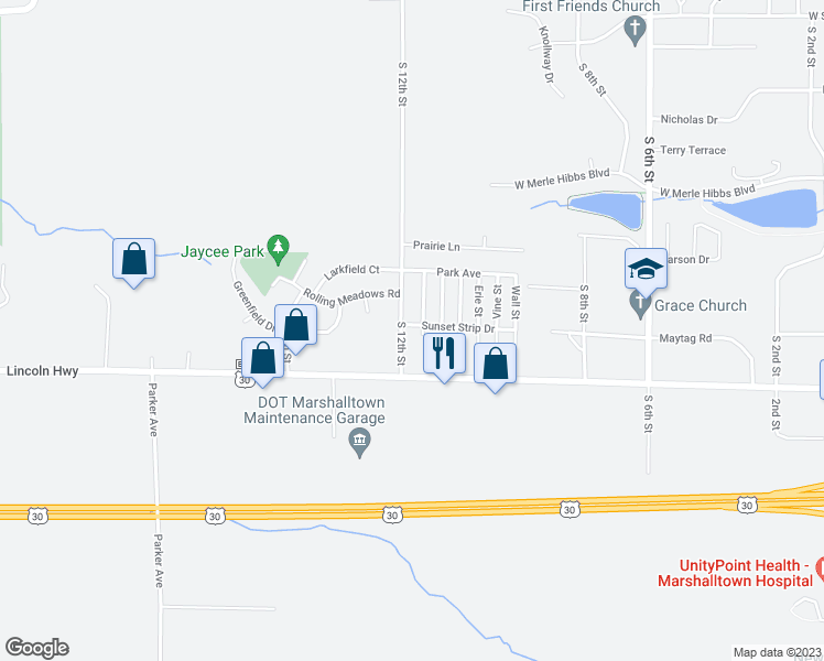 map of restaurants, bars, coffee shops, grocery stores, and more near 3202 South 12th Street in Marshalltown