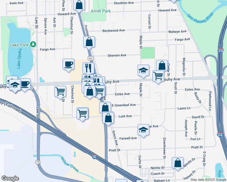 map of restaurants, bars, coffee shops, grocery stores, and more near 1560 Estes Avenue in Des Plaines
