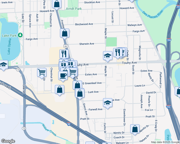 map of restaurants, bars, coffee shops, grocery stores, and more near 1681 Buckingham Drive in Des Plaines