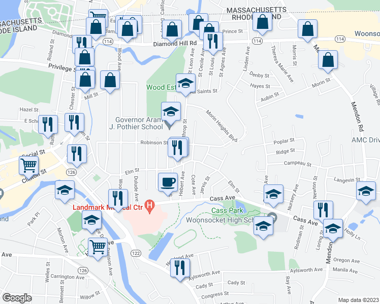 map of restaurants, bars, coffee shops, grocery stores, and more near 61 Rutland Street in Woonsocket