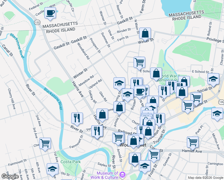 map of restaurants, bars, coffee shops, grocery stores, and more near 118 Woodland Road in Woonsocket