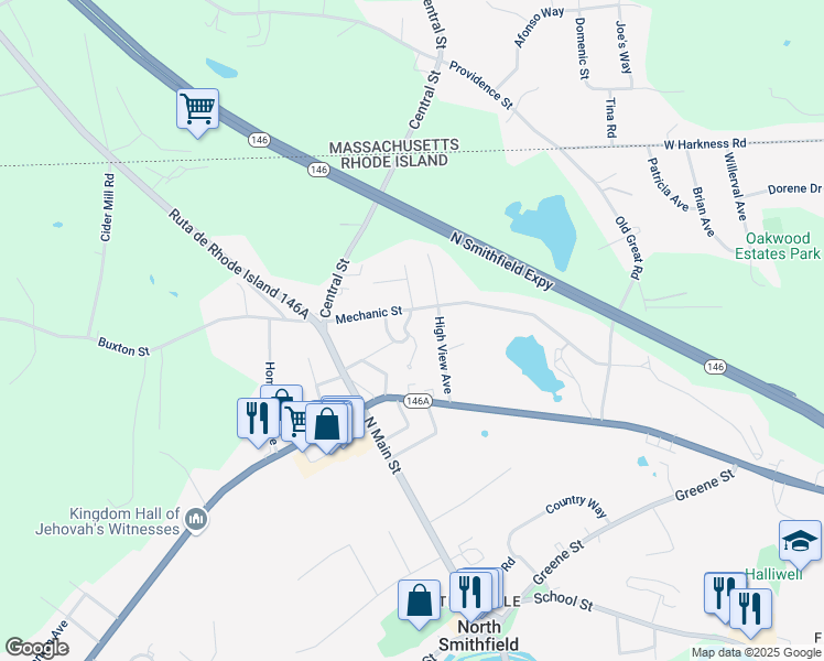 map of restaurants, bars, coffee shops, grocery stores, and more near 81 Mechanic Street in North Smithfield