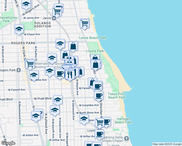 map of restaurants, bars, coffee shops, grocery stores, and more near 1215 West Lunt Avenue in Chicago