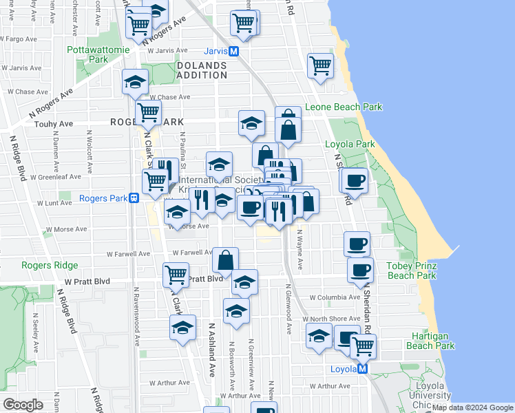 map of restaurants, bars, coffee shops, grocery stores, and more near 1445 West Lunt Avenue in Chicago