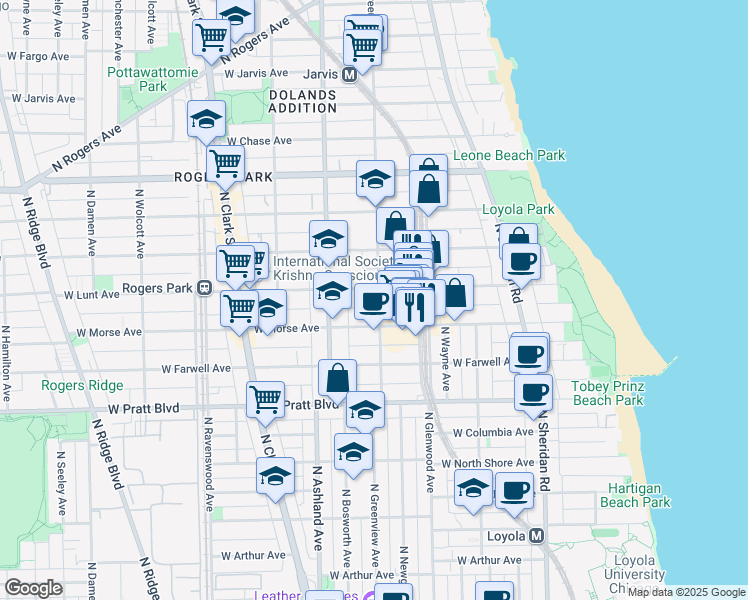 map of restaurants, bars, coffee shops, grocery stores, and more near 1445 West Lunt Avenue in Chicago