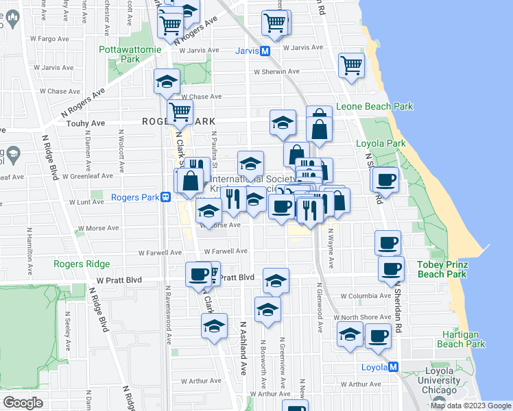 map of restaurants, bars, coffee shops, grocery stores, and more near 1531 West Lunt Avenue in Chicago