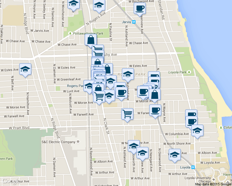 map of restaurants, bars, coffee shops, grocery stores, and more near 1642 West Lunt Avenue in Chicago