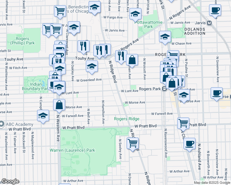 map of restaurants, bars, coffee shops, grocery stores, and more near 7004 North Ridge Boulevard in Chicago