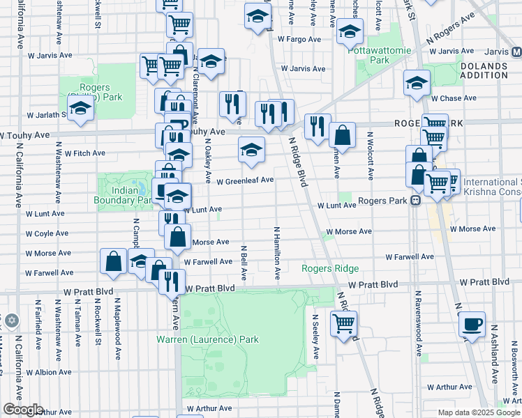 map of restaurants, bars, coffee shops, grocery stores, and more near 2134 West Lunt Avenue in Chicago