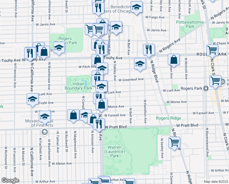 map of restaurants, bars, coffee shops, grocery stores, and more near 2308 West Lunt Avenue in Chicago
