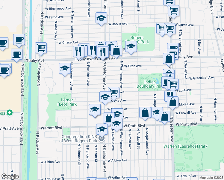 map of restaurants, bars, coffee shops, grocery stores, and more near 2737 West Greenleaf Avenue in Chicago