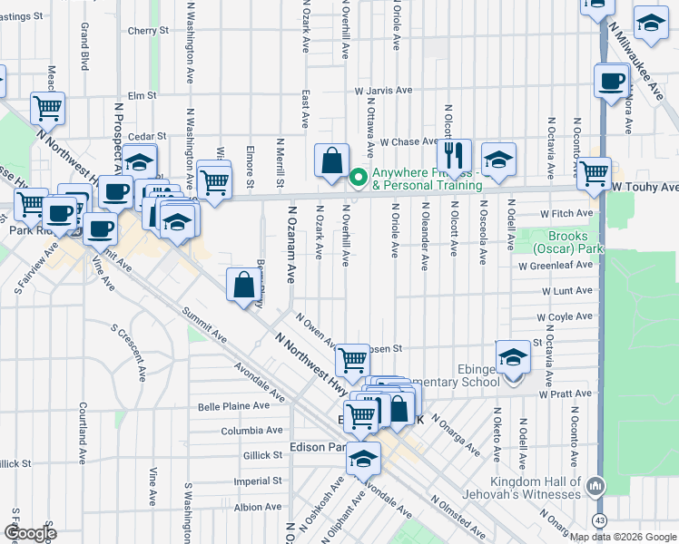 map of restaurants, bars, coffee shops, grocery stores, and more near 7038 North Overhill Avenue in Chicago