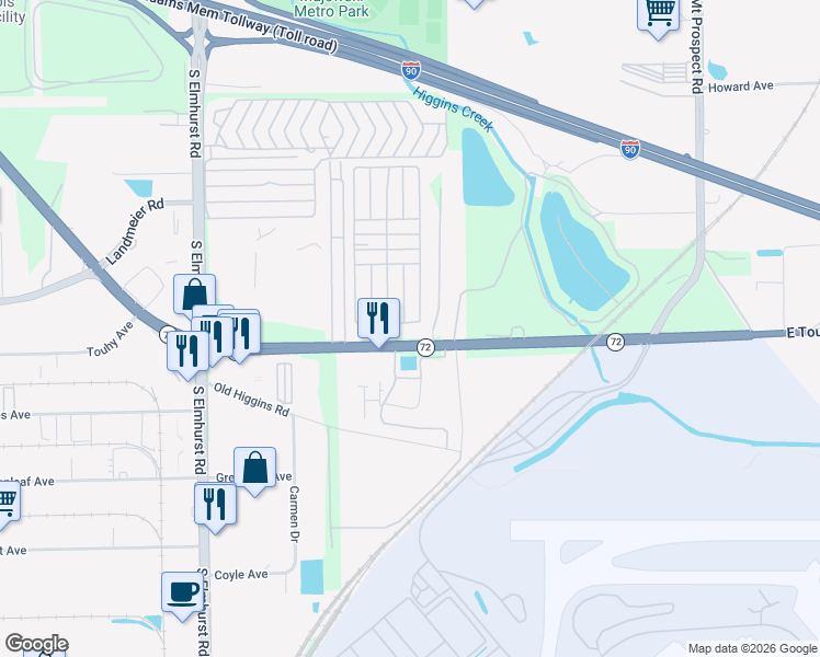 map of restaurants, bars, coffee shops, grocery stores, and more near 300-398 West Touhy Avenue in Des Plaines