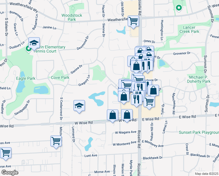 map of restaurants, bars, coffee shops, grocery stores, and more near 187 Pickwick Drive in Schaumburg
