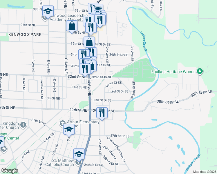 map of restaurants, bars, coffee shops, grocery stores, and more near 3129 Grove Court Southeast in Cedar Rapids