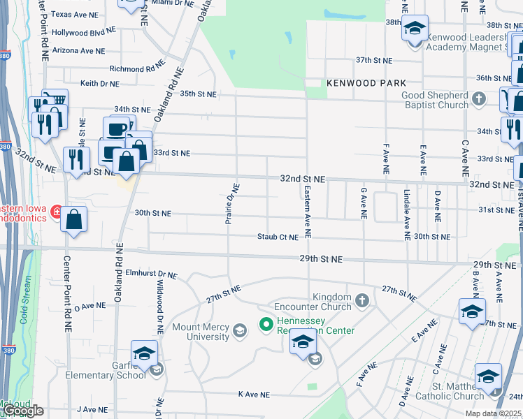map of restaurants, bars, coffee shops, grocery stores, and more near 1125 31st Street Northeast in Cedar Rapids