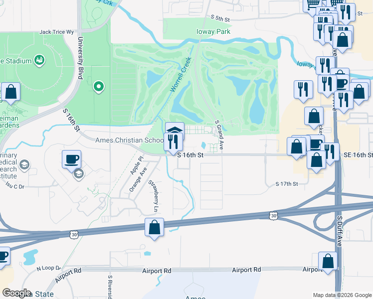 map of restaurants, bars, coffee shops, grocery stores, and more near 919 South 16th Street in Ames