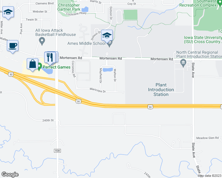map of restaurants, bars, coffee shops, grocery stores, and more near 1419 Walton Drive in Ames