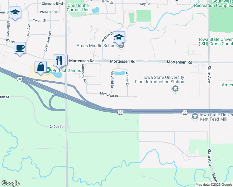 map of restaurants, bars, coffee shops, grocery stores, and more near 1416 Mayfield Drive in Ames