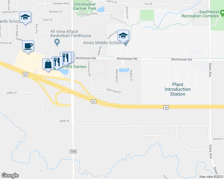 map of restaurants, bars, coffee shops, grocery stores, and more near 4215 Maricopa Drive in Ames