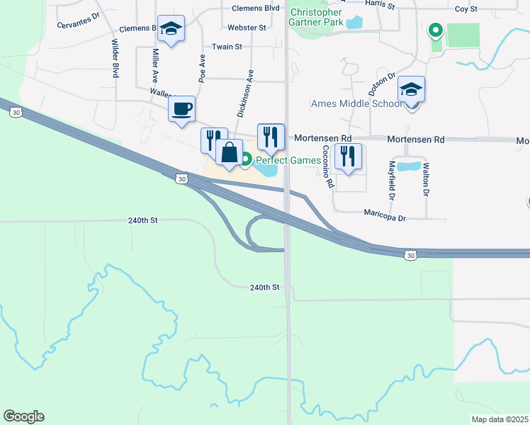 map of restaurants, bars, coffee shops, grocery stores, and more near U.S. 30 in Ames