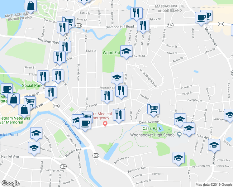 map of restaurants, bars, coffee shops, grocery stores, and more near 2 Yolande Place in Woonsocket
