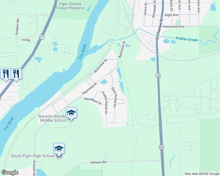 map of restaurants, bars, coffee shops, grocery stores, and more near 1526 Deer Pointe Drive in South Elgin