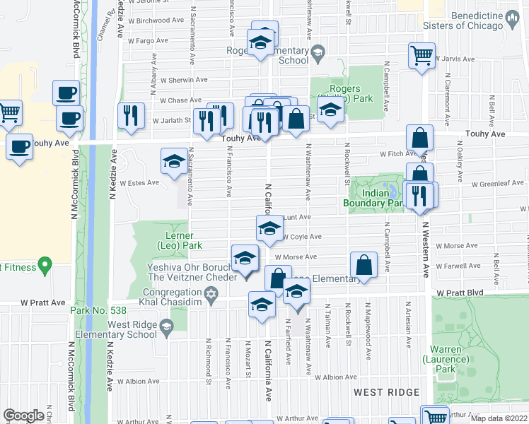 map of restaurants, bars, coffee shops, grocery stores, and more near in Chicago