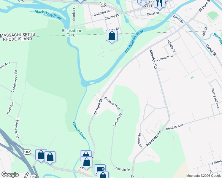 map of restaurants, bars, coffee shops, grocery stores, and more near 354 Saint Paul Street in North Smithfield