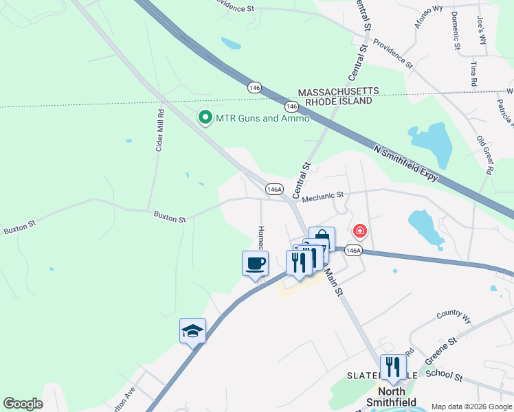 map of restaurants, bars, coffee shops, grocery stores, and more near 70 Buxton Street in North Smithfield